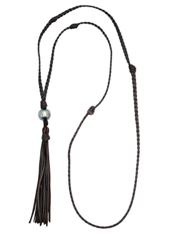 Tahitian pearl and leather tassel necklace – Jhana Pearl